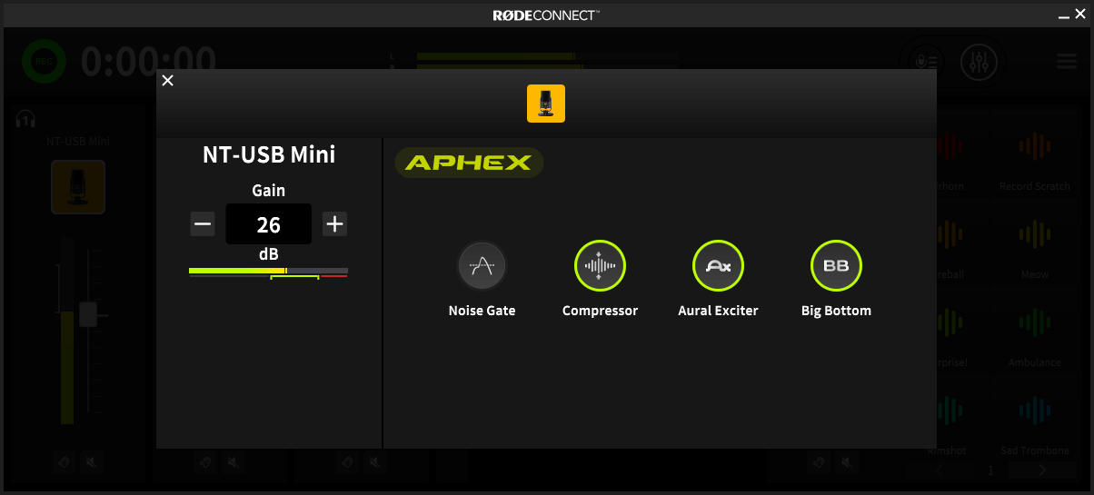 Microphone levels and APHEX processing showing on RØDE Connect